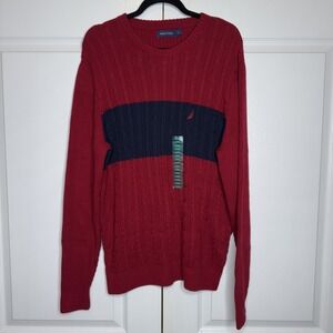 Nautica Sweater Mens Large Biking Red Navy Cable Knit Crewneck Pullover New Tags